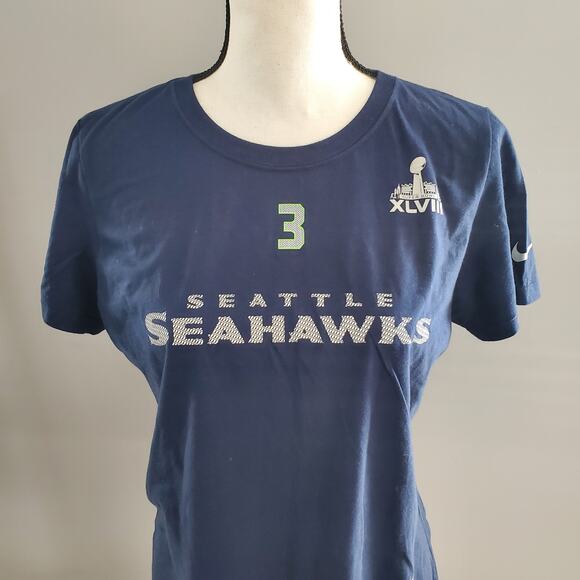 NIKE Women's Seattle Seahawks Russell Wilson Navy Blue Tee L Slim Fit - Picture 3 of 4